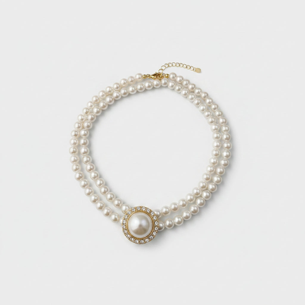 Double Strand Pearl Necklace with Rhinestone Pendant