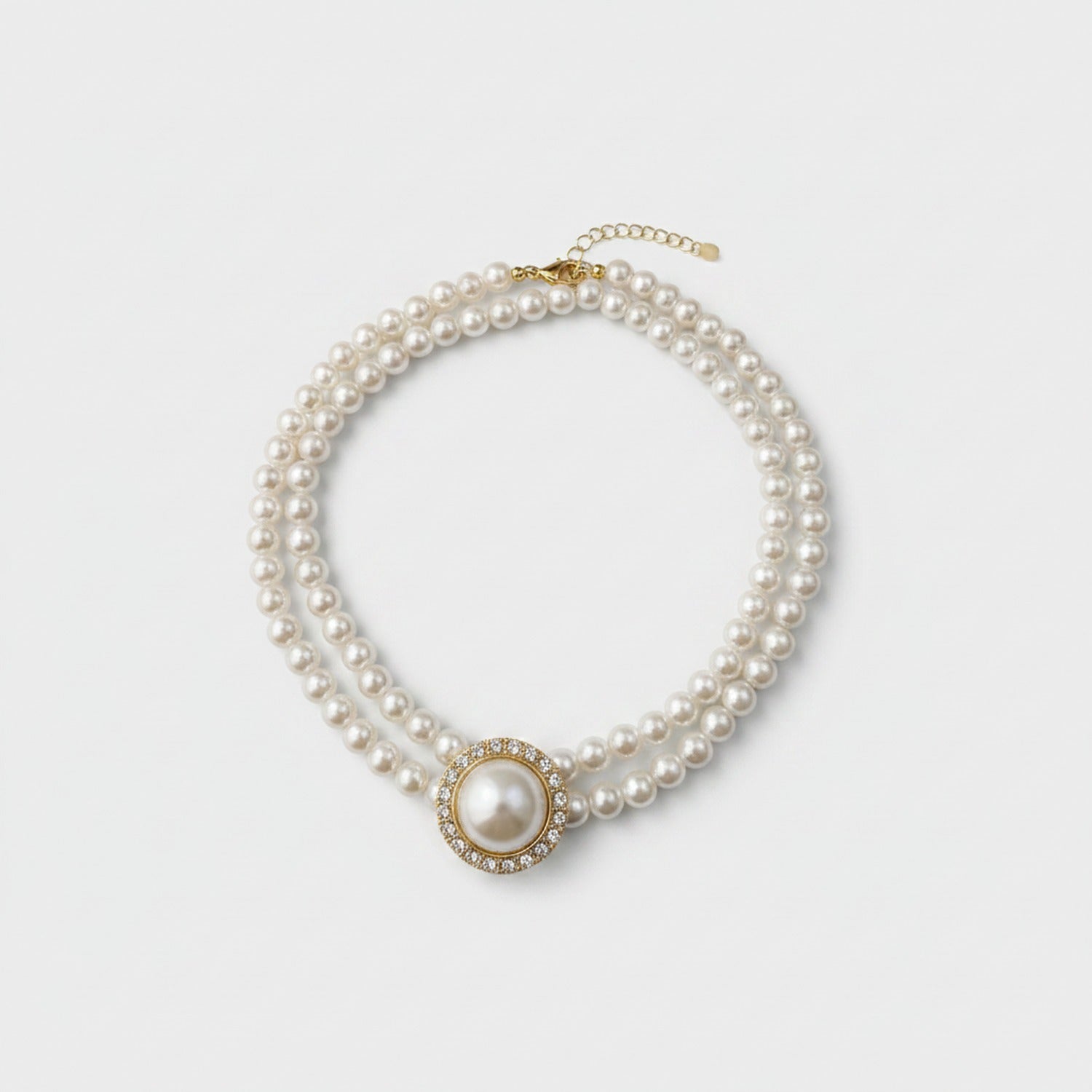 Double Strand Pearl Necklace with Rhinestone Pendant