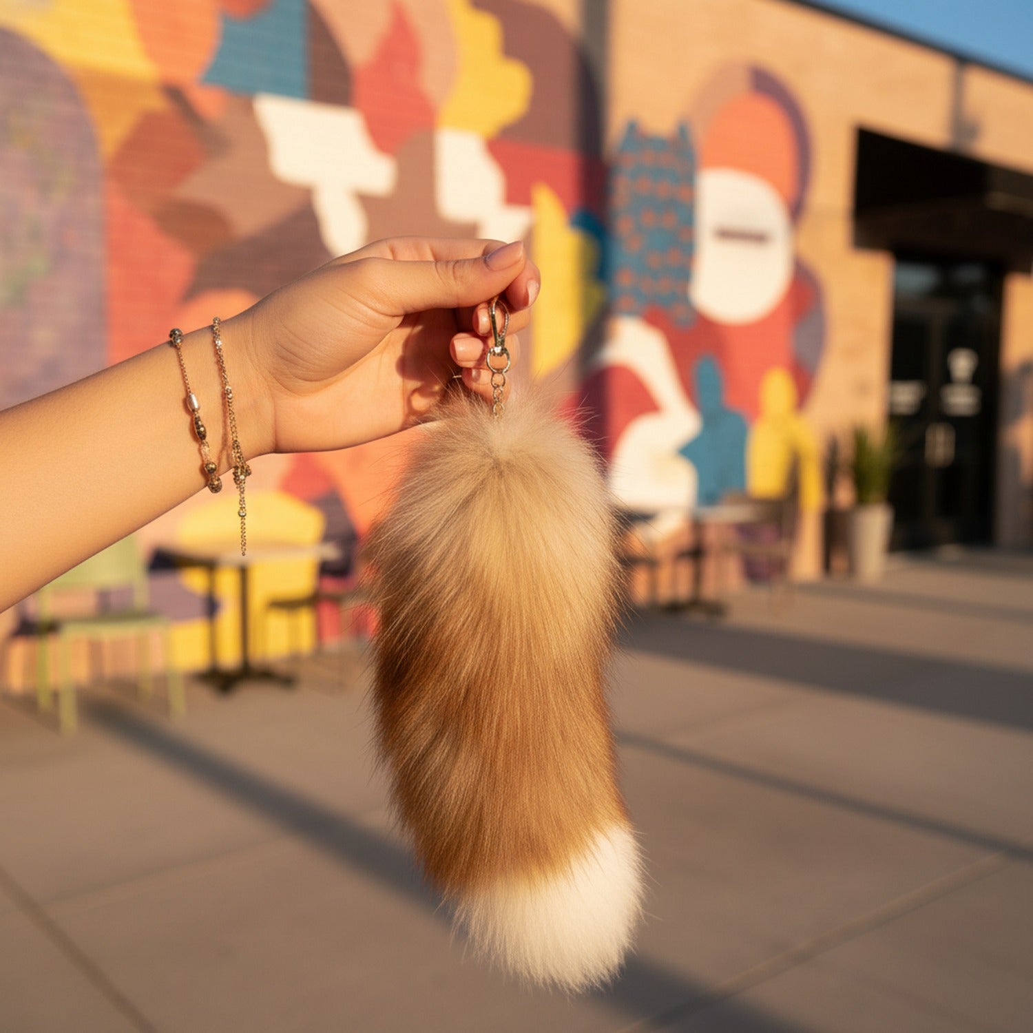 Fluffy Tan & White Faux Fur Keychain Charm