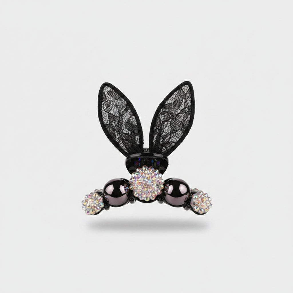 Black Lace Bunny Ears Rhinestone Hair Claw