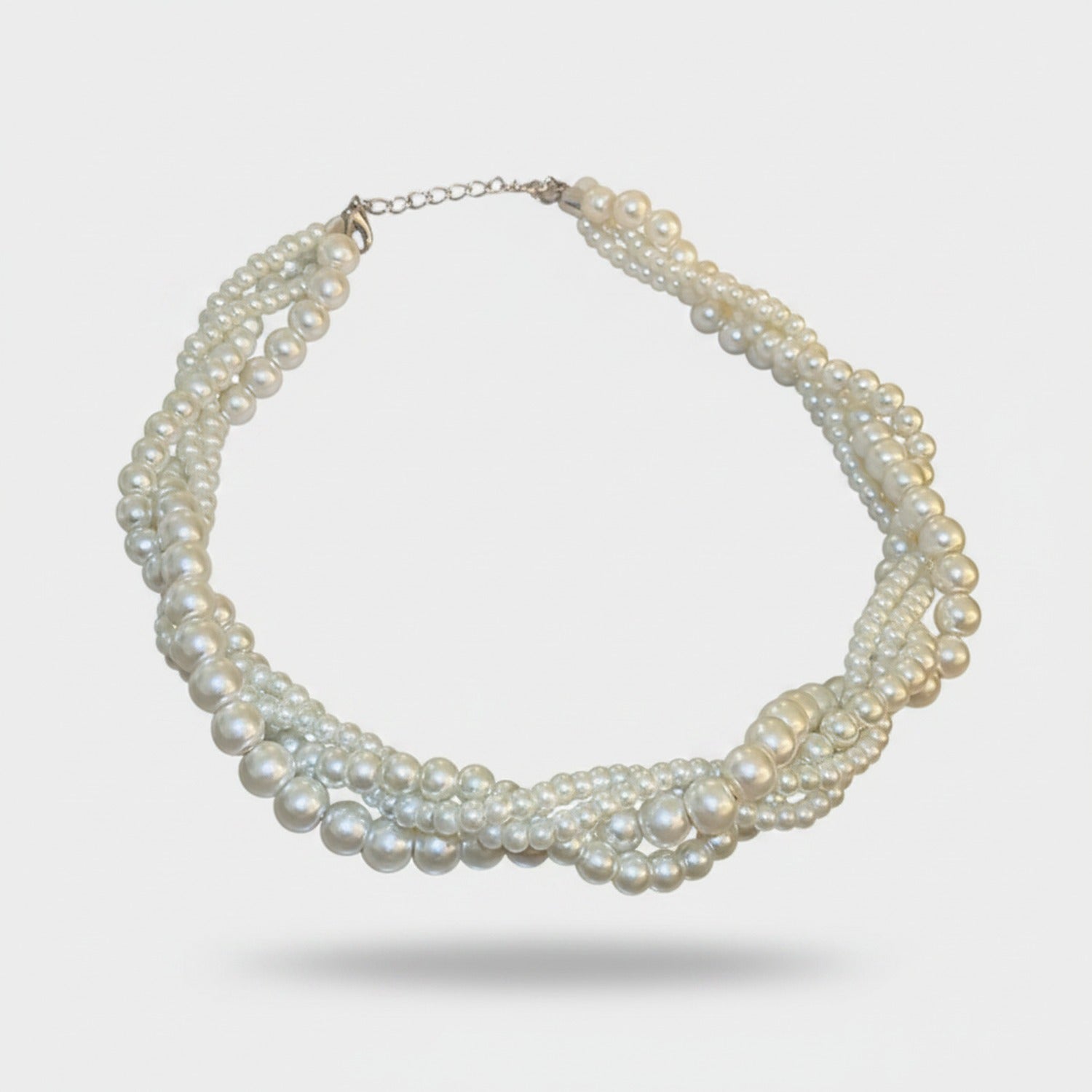 Double Strand Pearl Necklace with Rhinestone Pendant