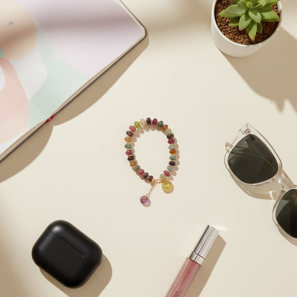 Multicolor Tourmaline Beaded Bracelet With Gold Charm
