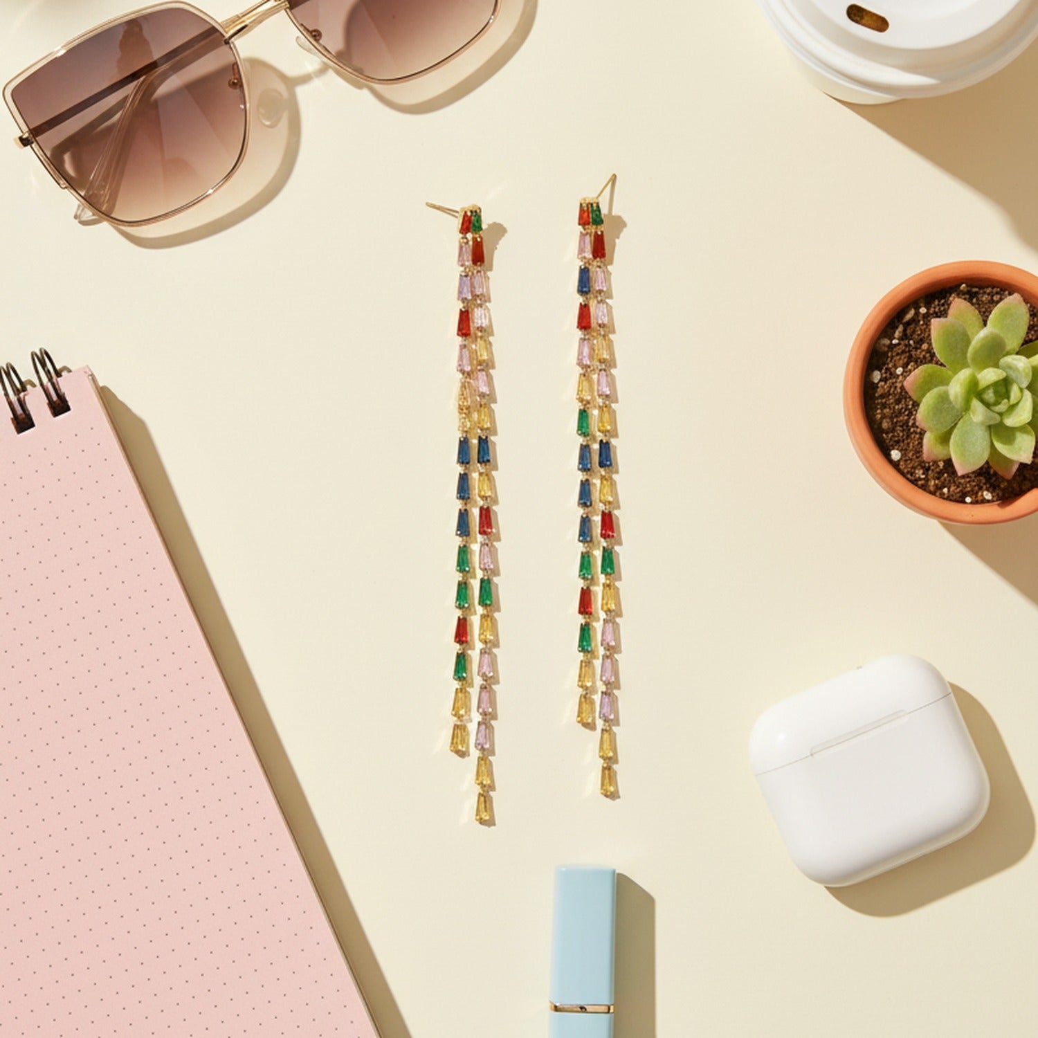 Colorful Baguette Tassel Drop Earrings