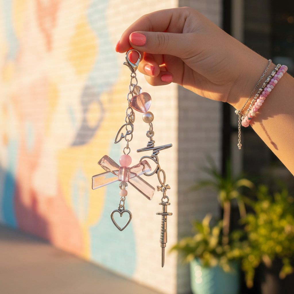 Pink Heart Bow Beaded Acrylic Keyring Charm