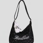 Black Star Studded Hobo Tote Bag With Fluffy Charm