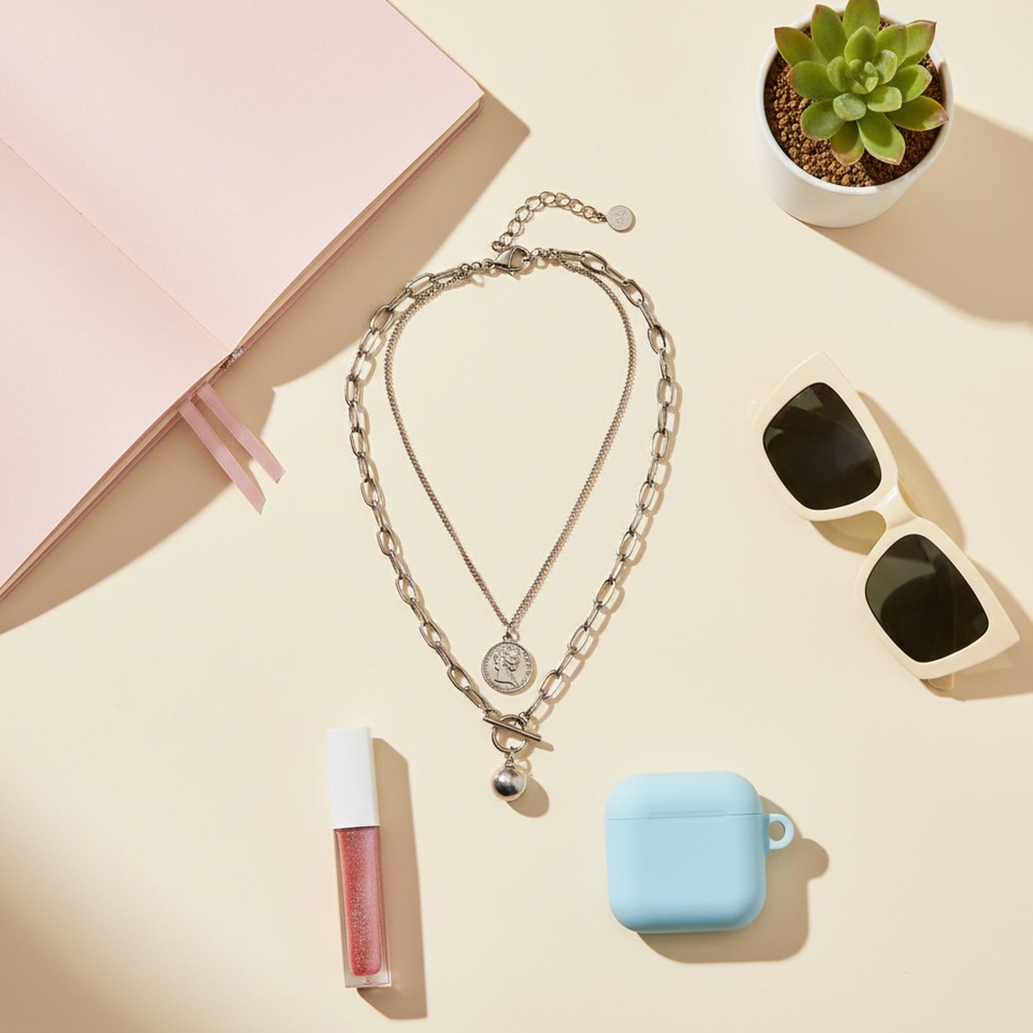 Silver Layered Chain Necklace With Coin Pendant