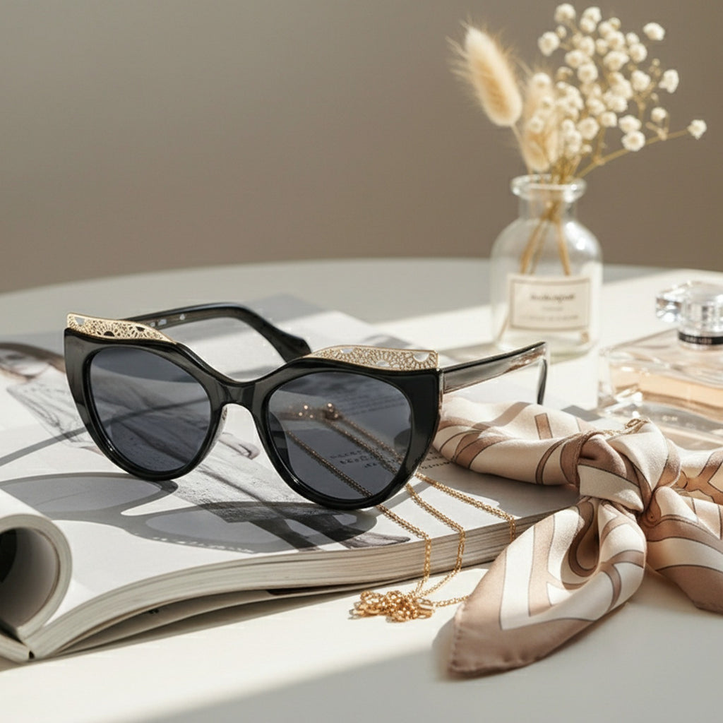 Black Cat Eye Sunglasses With Gold Detail