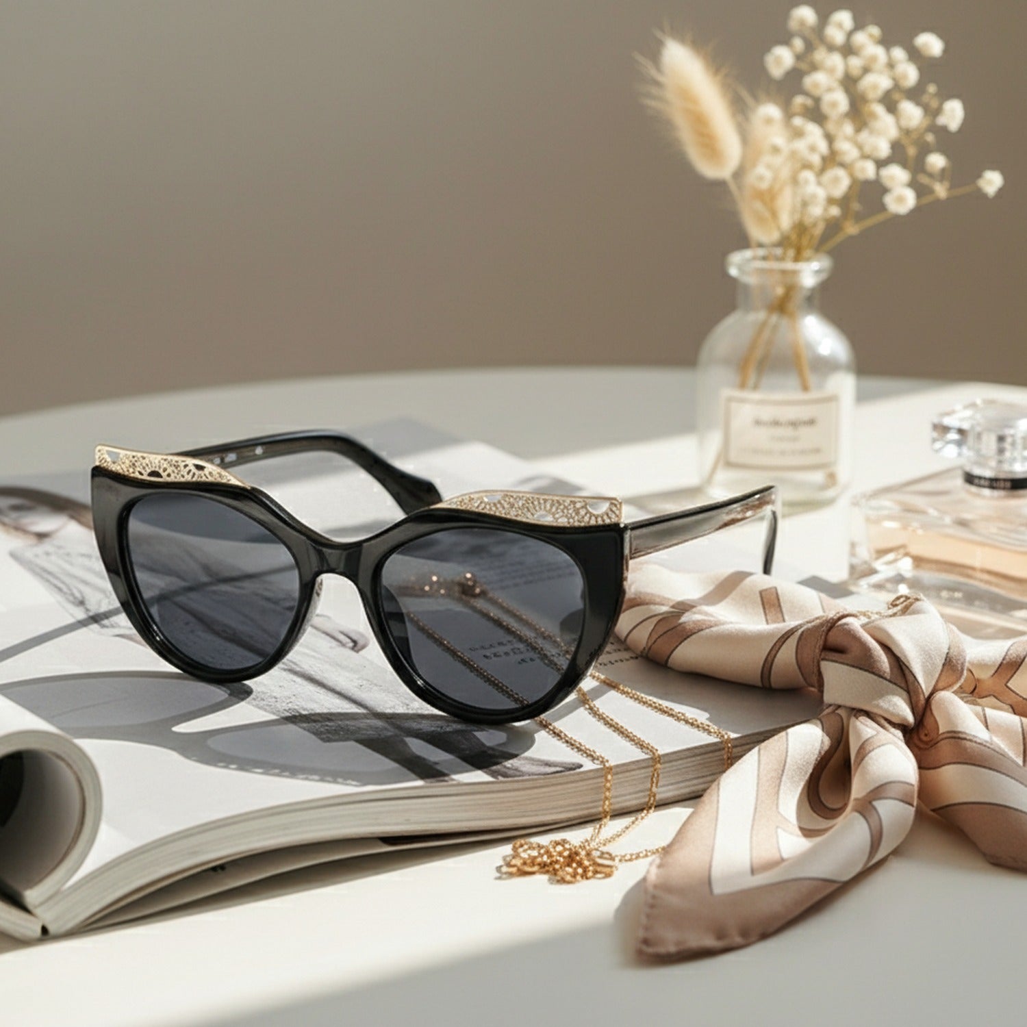 Black Cat Eye Sunglasses With Gold Detail