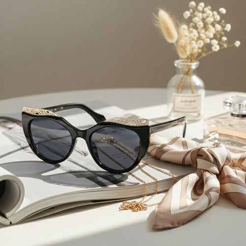 Black Cat Eye Sunglasses With Gold Detail