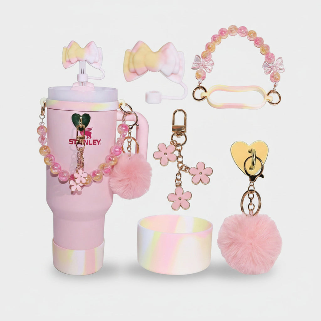Pink Beaded Flower Charm Cup Accessory Set