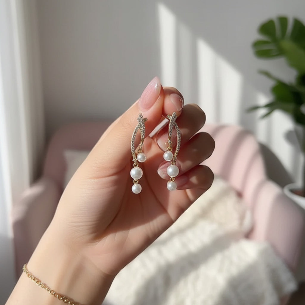 Pearl Drop Rhinestone Twist Earrings