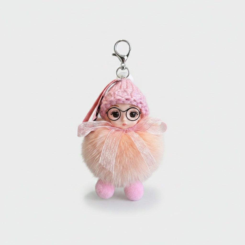 Pink Fuzzy Doll Keyring With Glasses Charm