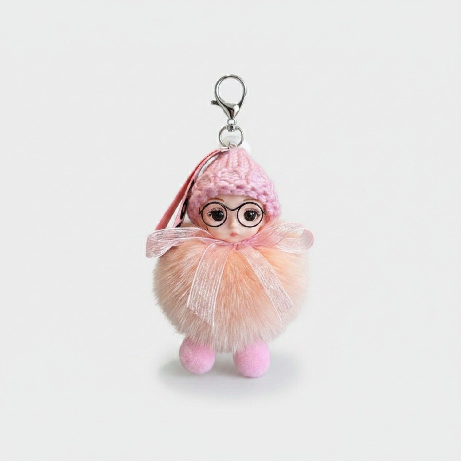 Pink Fuzzy Doll Keyring With Glasses Charm