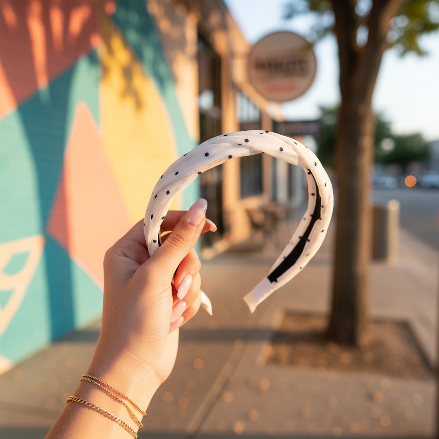 White Beaded Padded Headband With Black Stripe