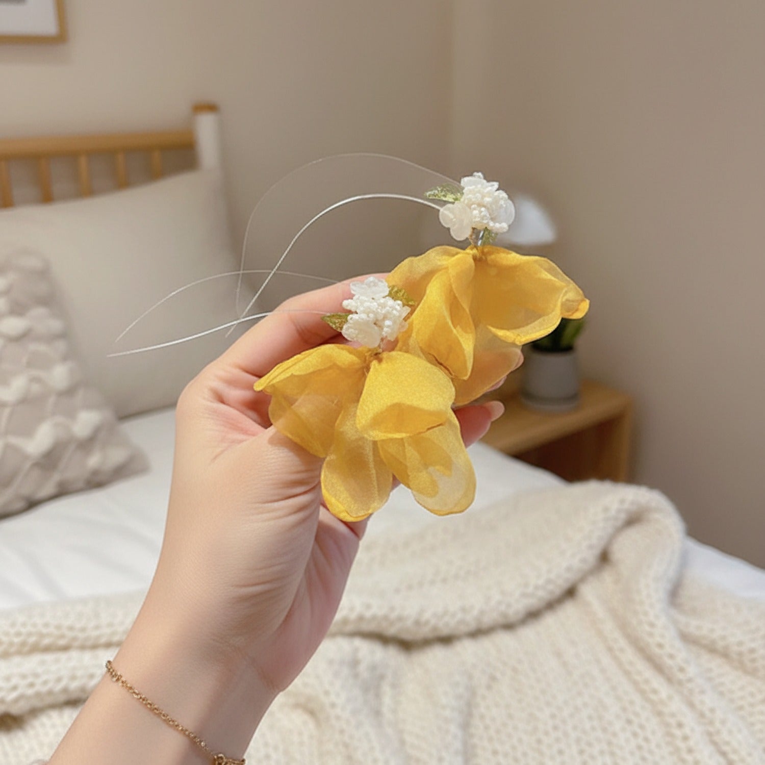 Yellow Flower Pearl Beaded Statement Earrings