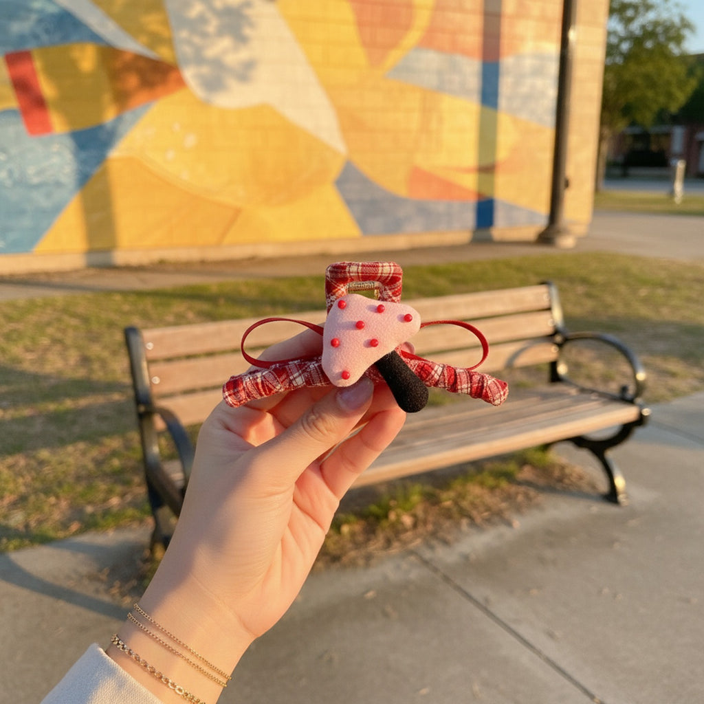 Red Plaid Beaded Heart Hair Claw