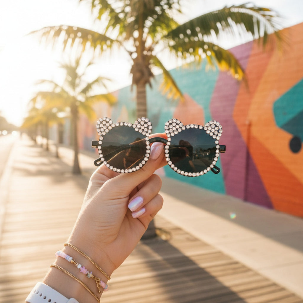 Rhinestone Bear Round Sunglasses Black