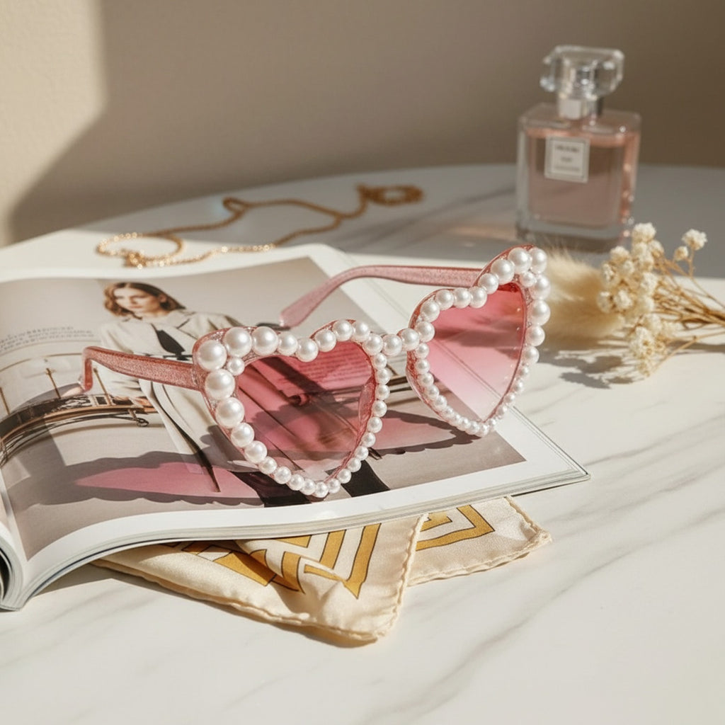 Pearl Heart Shaped Sunglasses Pink Tint