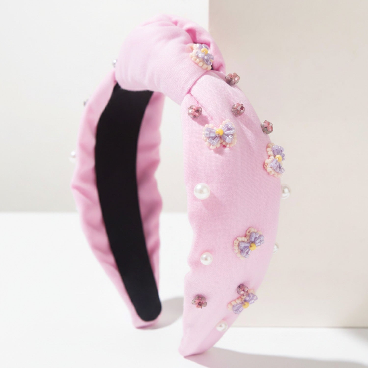 Pink Padded Headband With Floral Beaded Charms