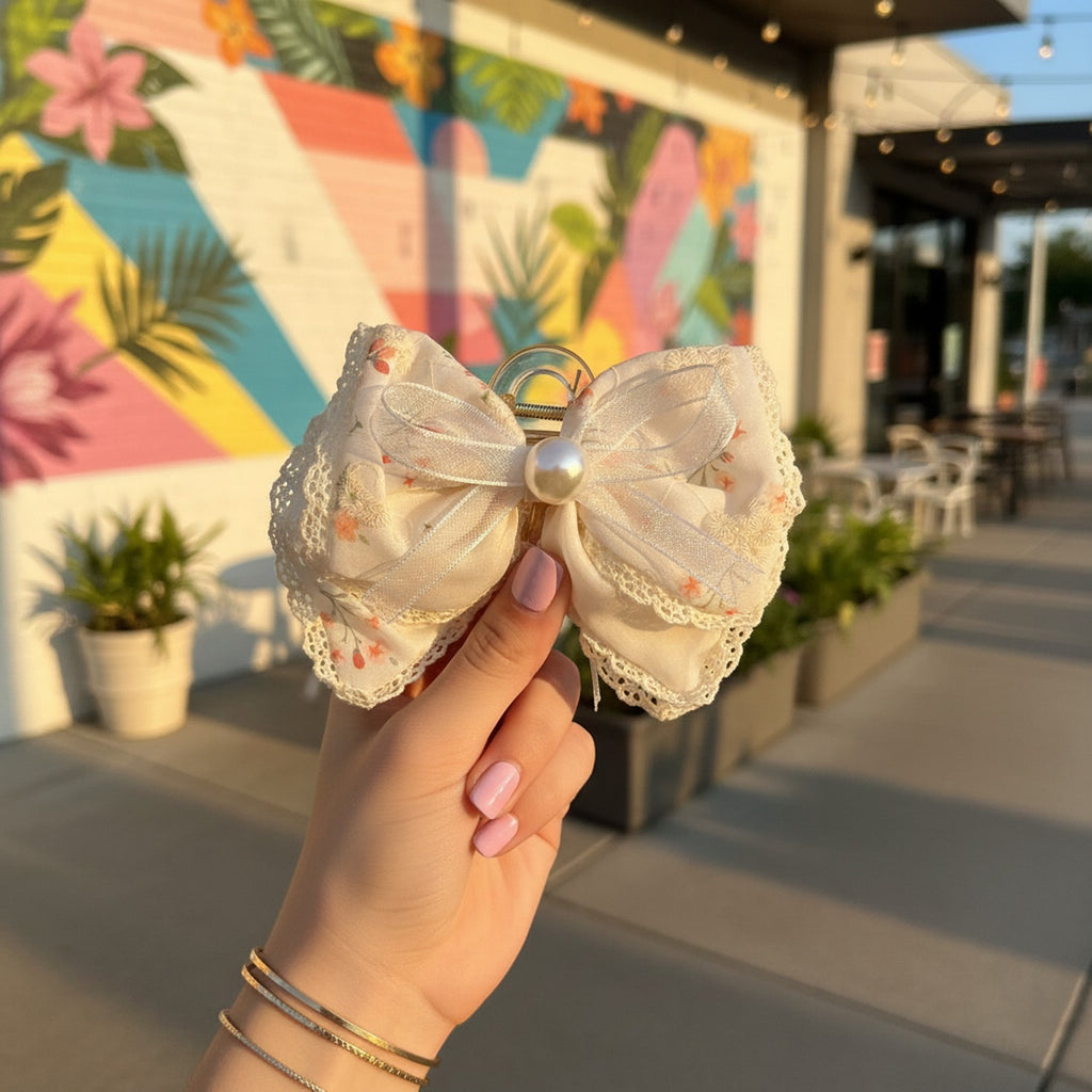 Cream Floral Lace Hair Claw With Pearl