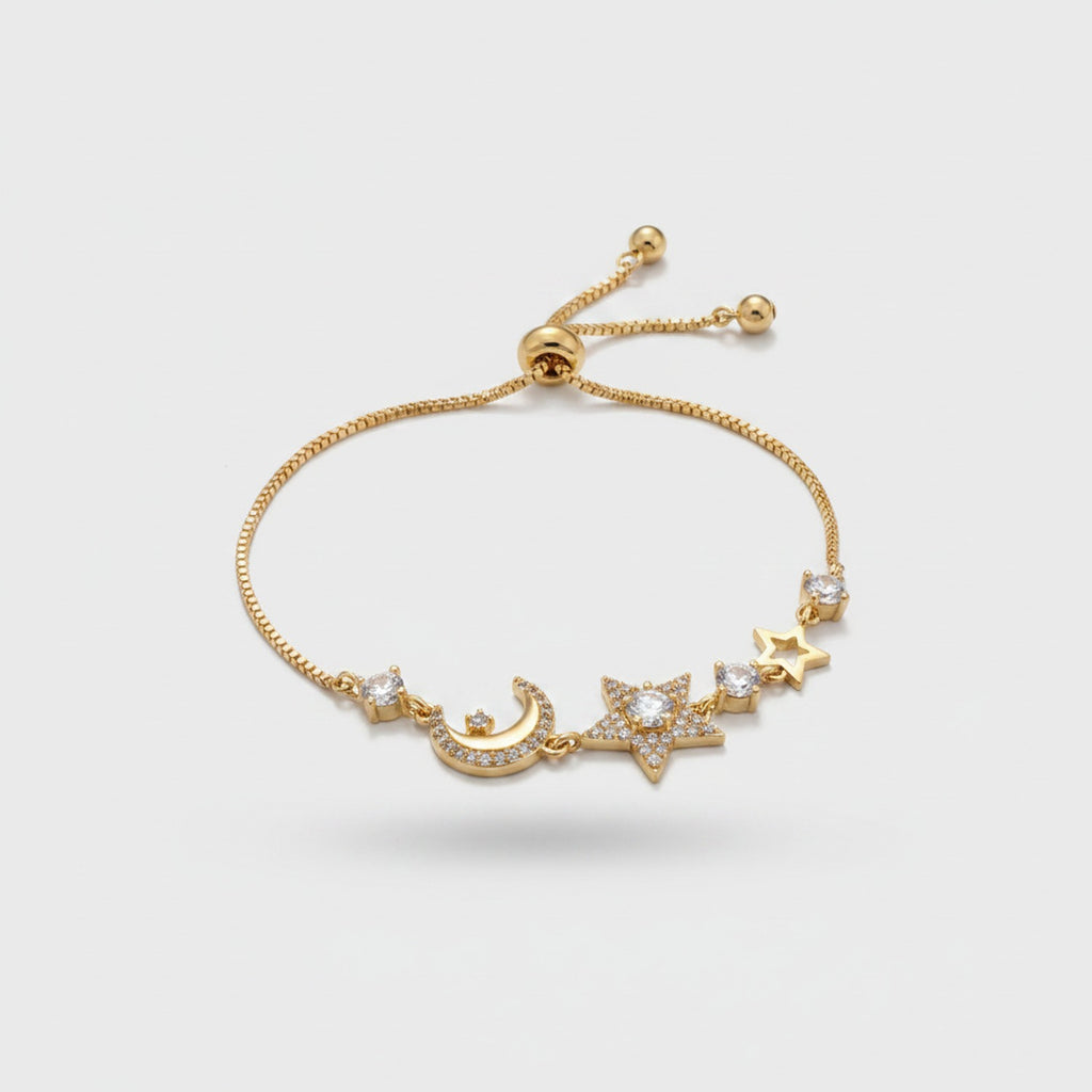 Gold Moon Star Rhinestone Adjustable Bracelet