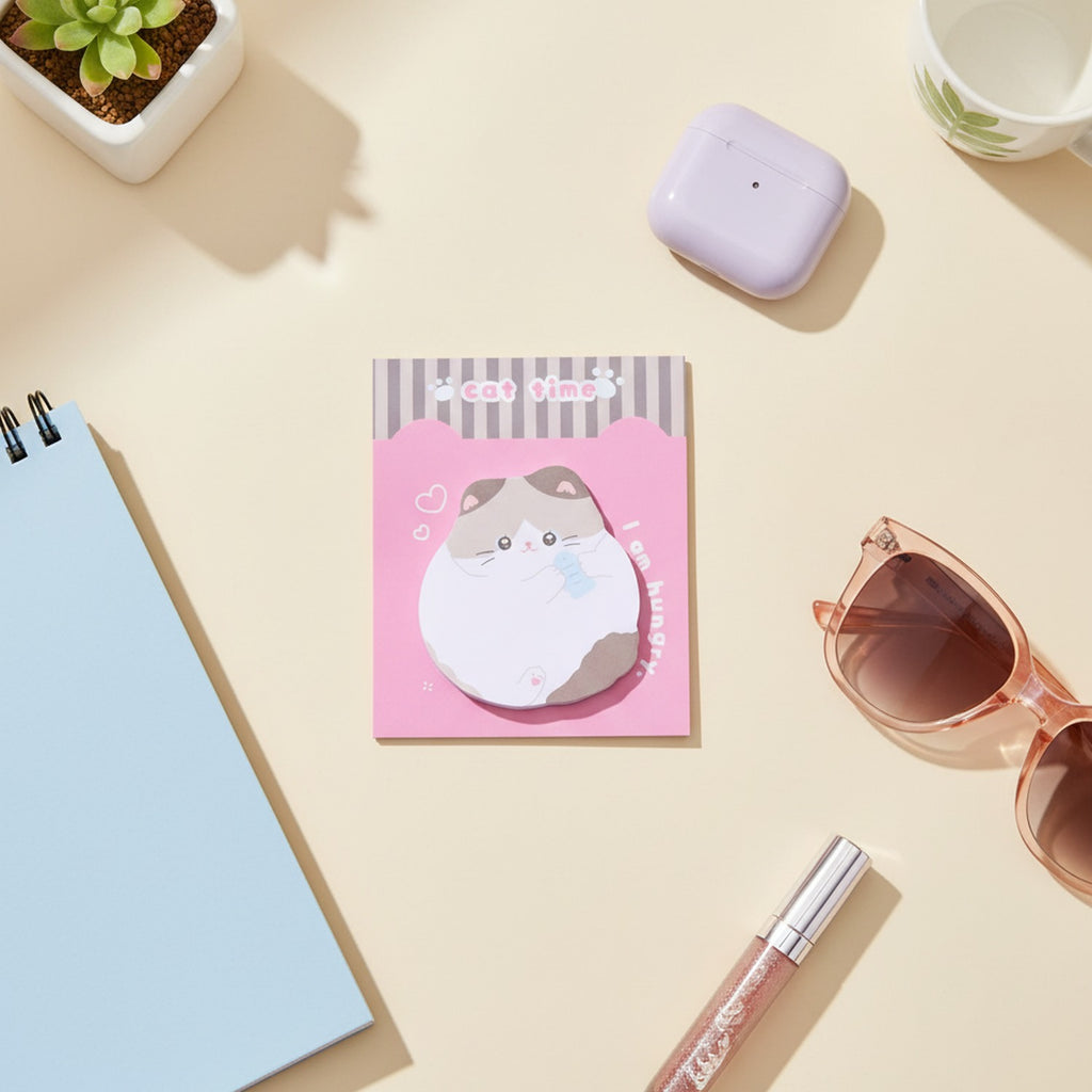 Cute Cat Sticky Notes Pad Pink Heart Design