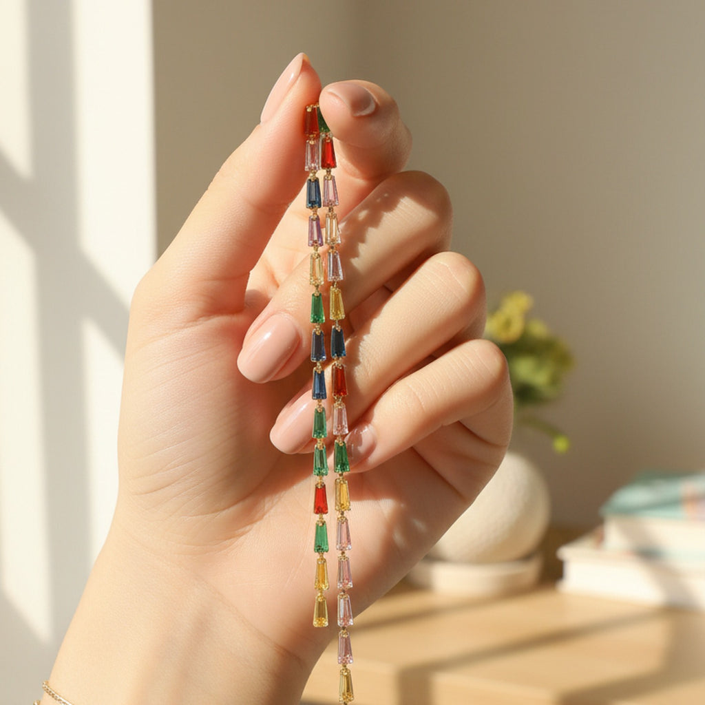 Colorful Baguette Tassel Drop Earrings