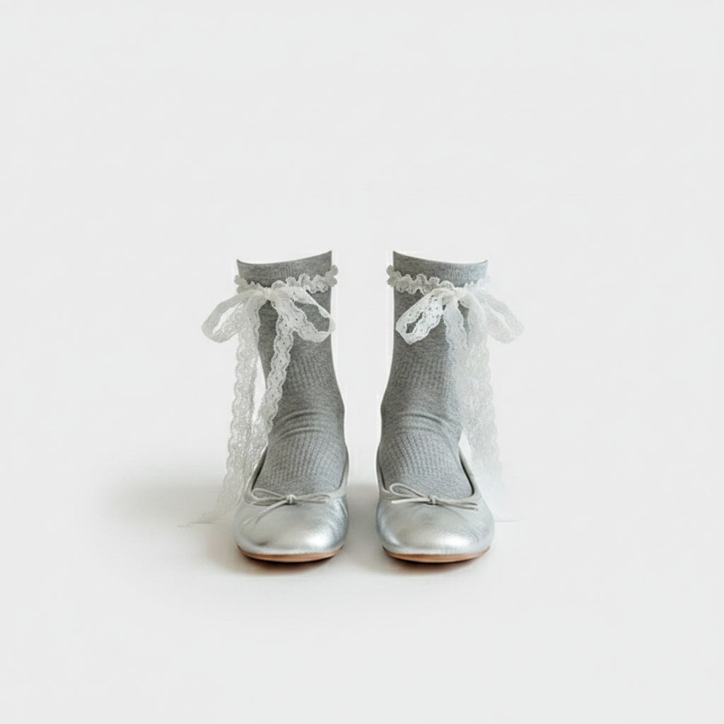 Silver Metallic Ankle Socks With Lace Bow