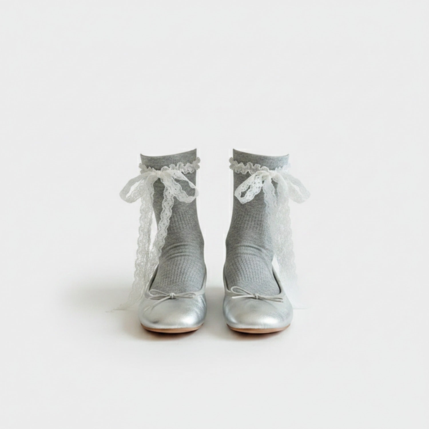 Silver Metallic Ankle Socks With Lace Bow