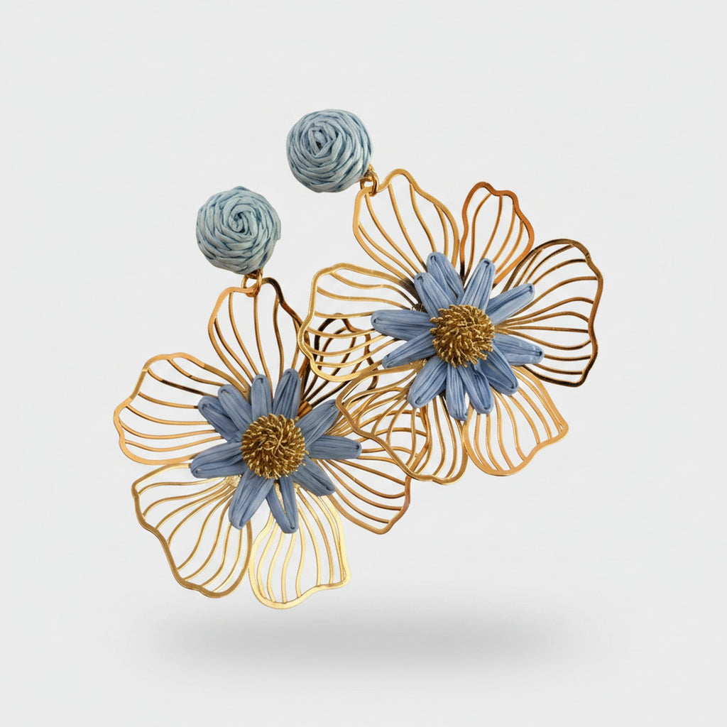 Blue And Gold Flower Dangle Earrings