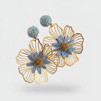 Blue And Gold Flower Dangle Earrings