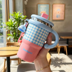 Gingham Blue And Pink Tumbler With Handle