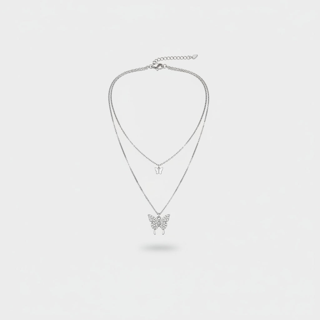 Silver Butterfly Layered Chain Necklace
