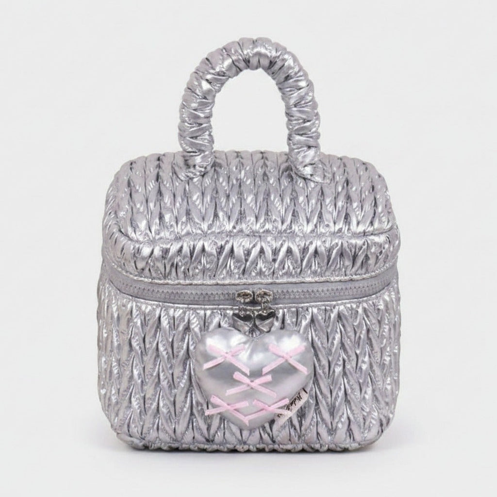 Silver Puffed Cosmetic Bag With Pink Heart Charm – bags & wallets (view 1)