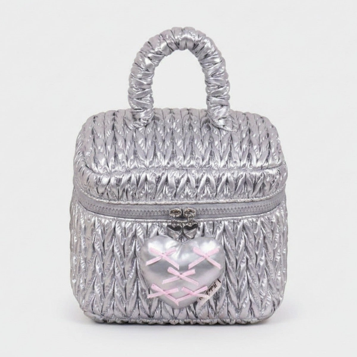 Silver Puffed Cosmetic Bag With Pink Heart Charm – bags & wallets (view 1)