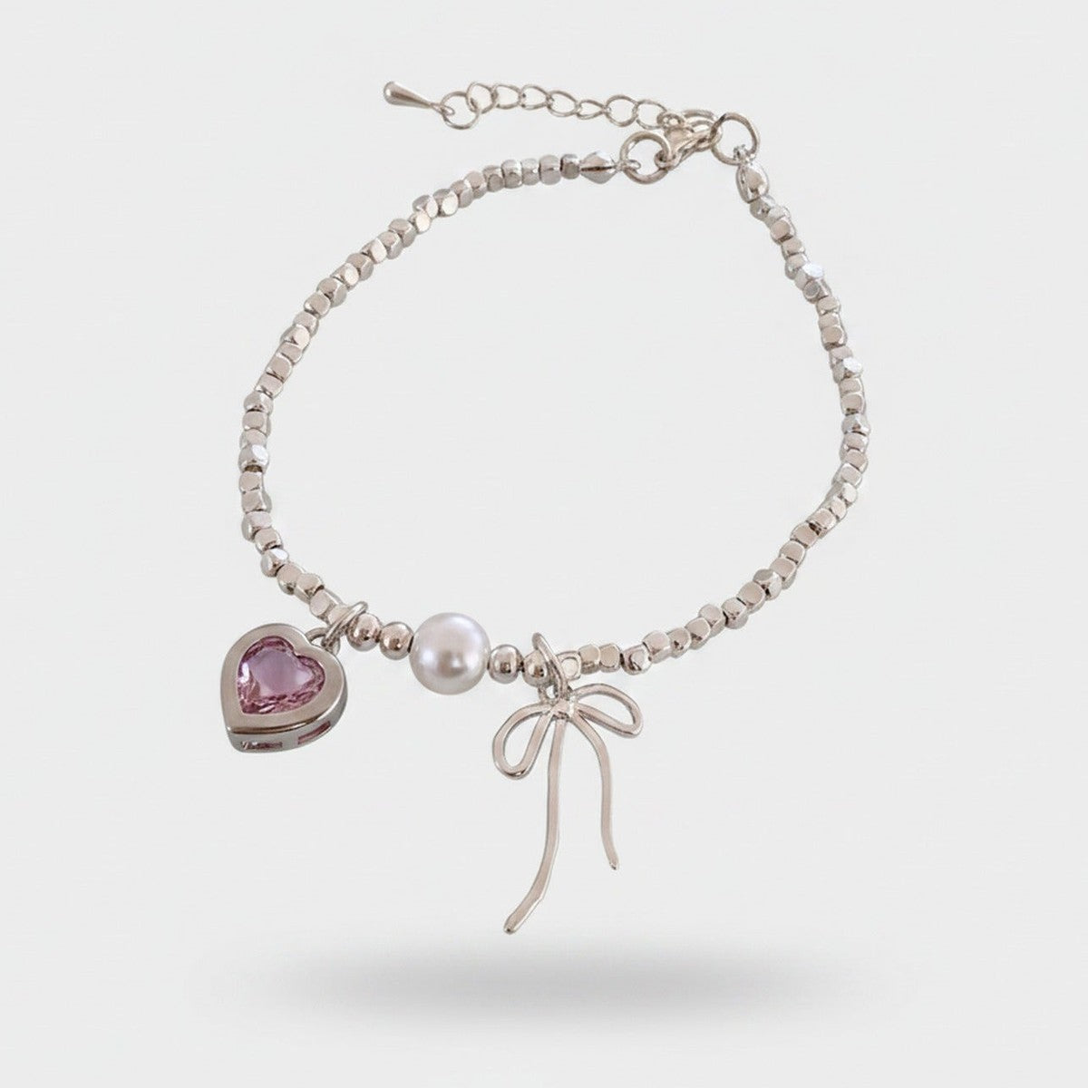 Silver Heart Charm Beaded Bracelet With Pearl And Bow – jewelry (view 1)
