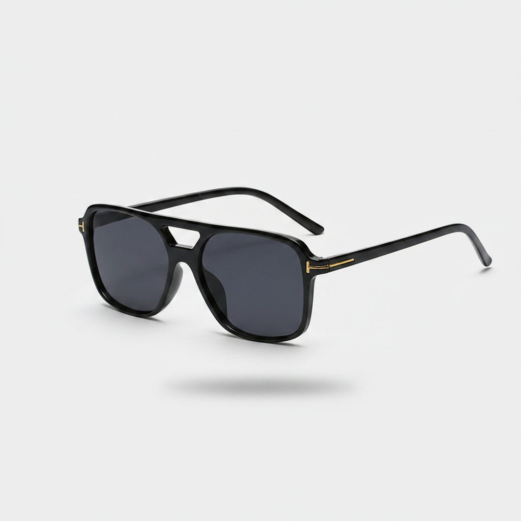 Black Square Aviator Sunglasses With Gold Accent