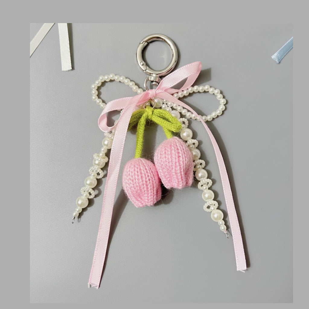 Knit Tulip Pearl Bow Keyring Charm - Style 1 – novelty & toys (view 1)