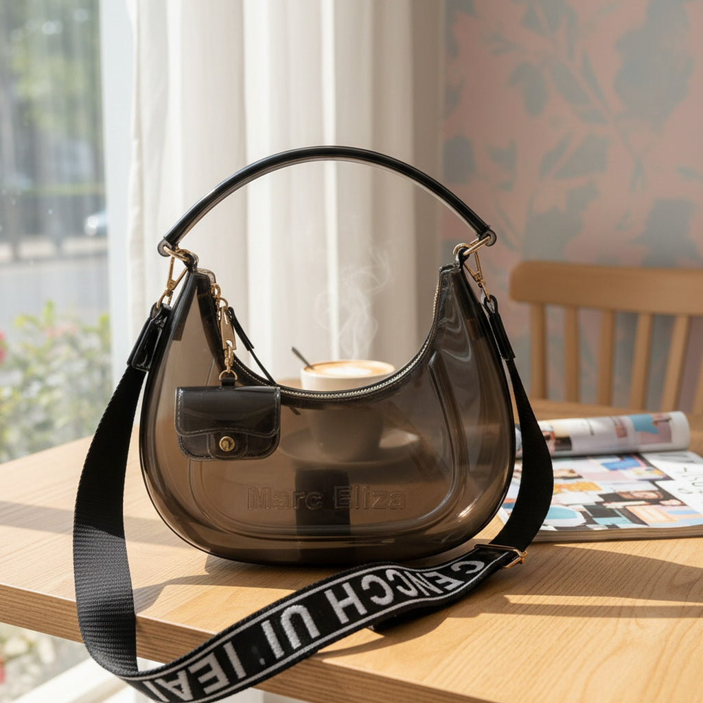 Glossy Black Hobo Handbag With Striped Strap