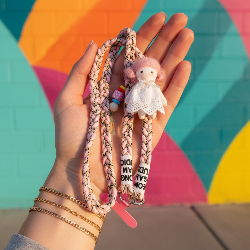 Pink Braided Rope Phone Charm With Doll Accessory