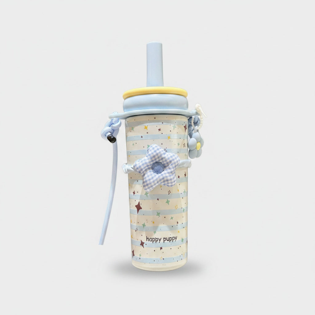 Cream Star Print Tumbler With Checkered Flower Charm