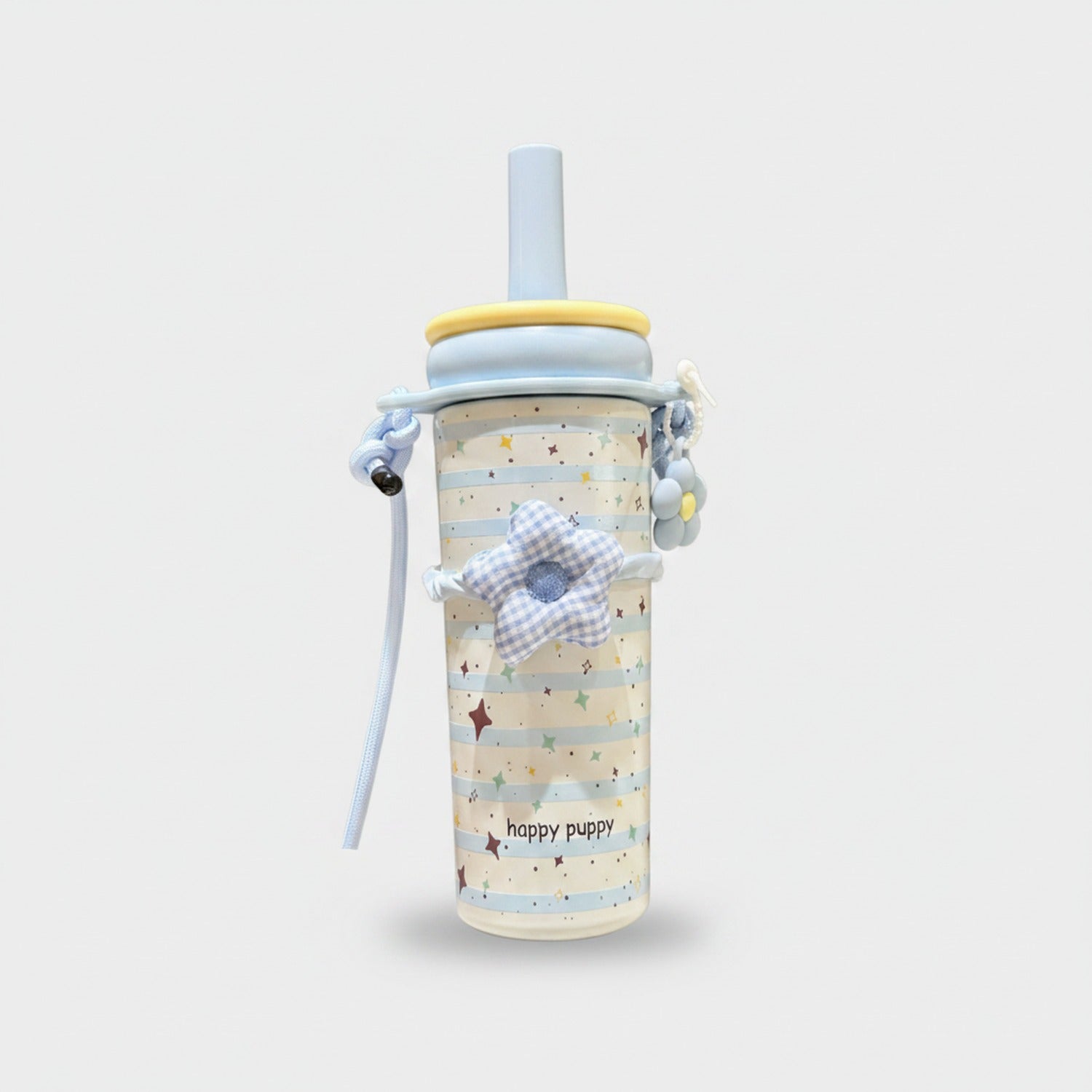 Cream Star Print Tumbler With Checkered Flower Charm