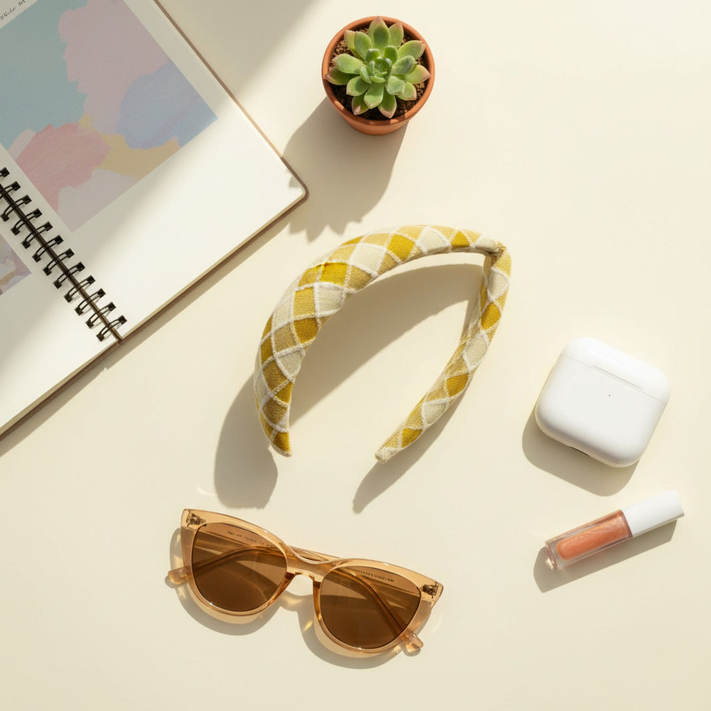 Quilted Gingham Padded Headband Pink Cream