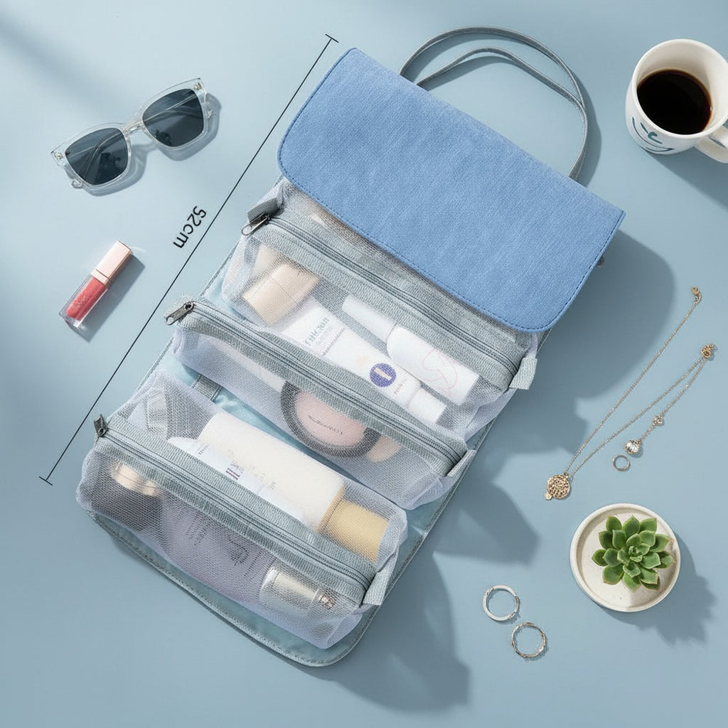 Hanging Cosmetic Organizer Bag Gray Compartments