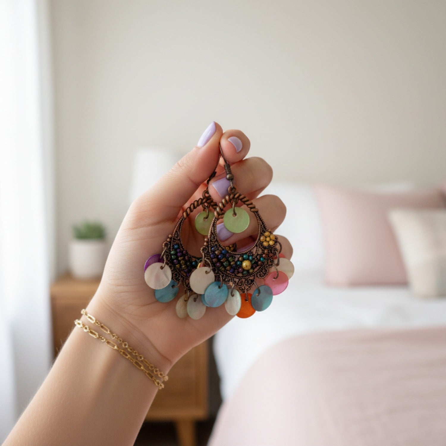 Colorful Beaded Chandelier Earrings With Green Stone