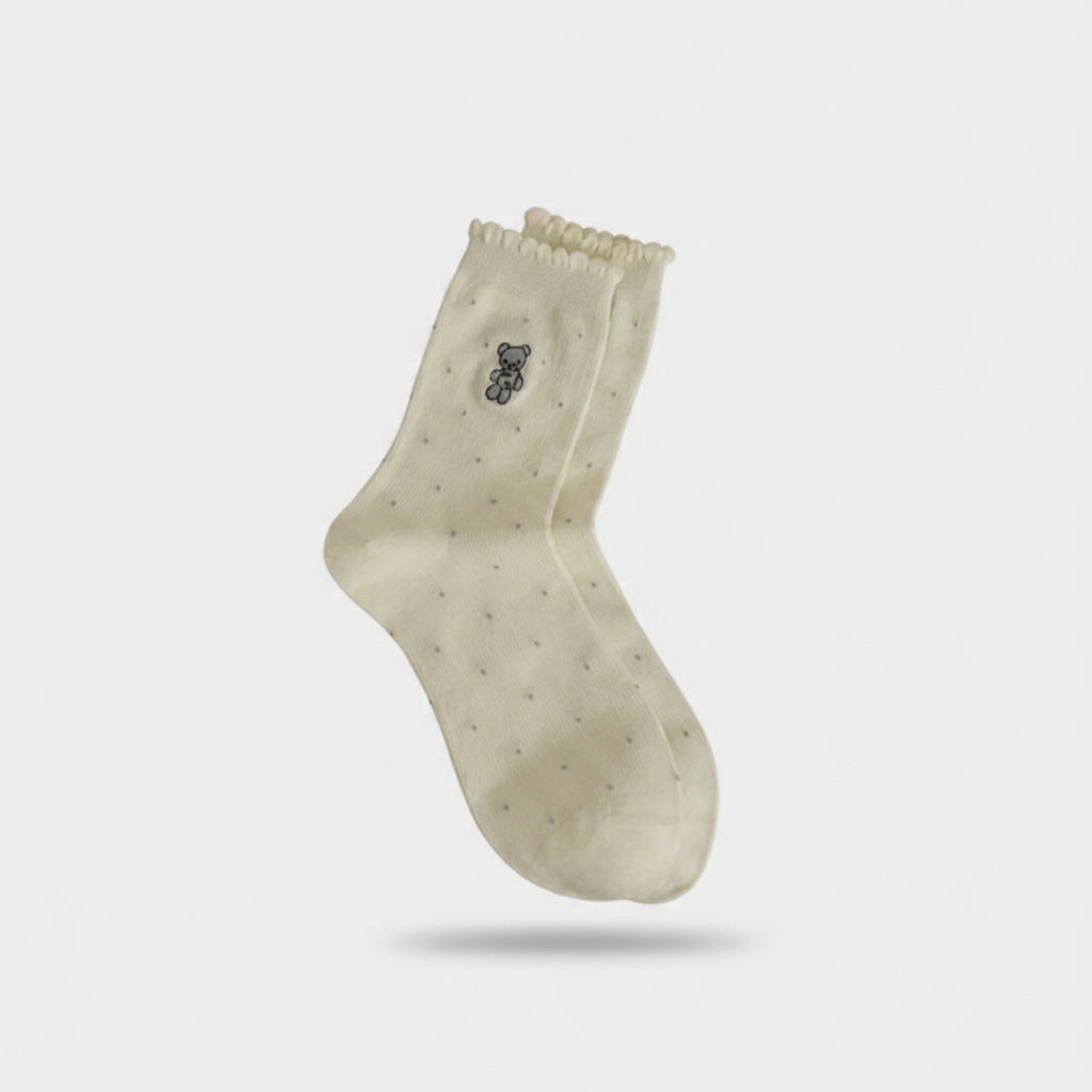 Cream Teddy Bear Embroidered Crew Socks