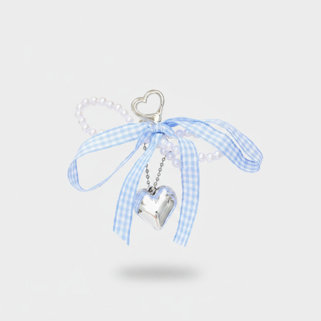 Blue Gingham Heart Pearl Beaded Keyring Charm
