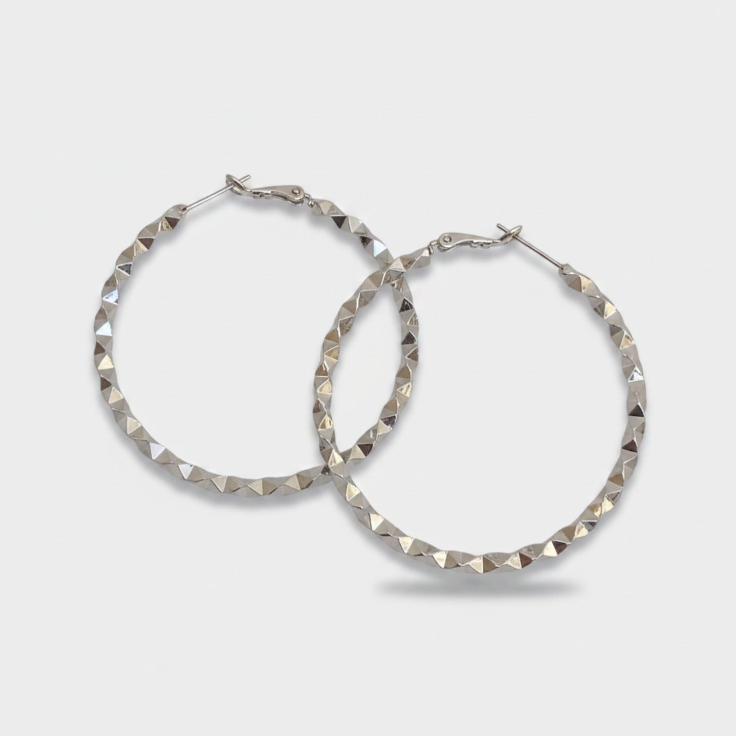 Silver Textured Diamond Cut Hoop Earrings