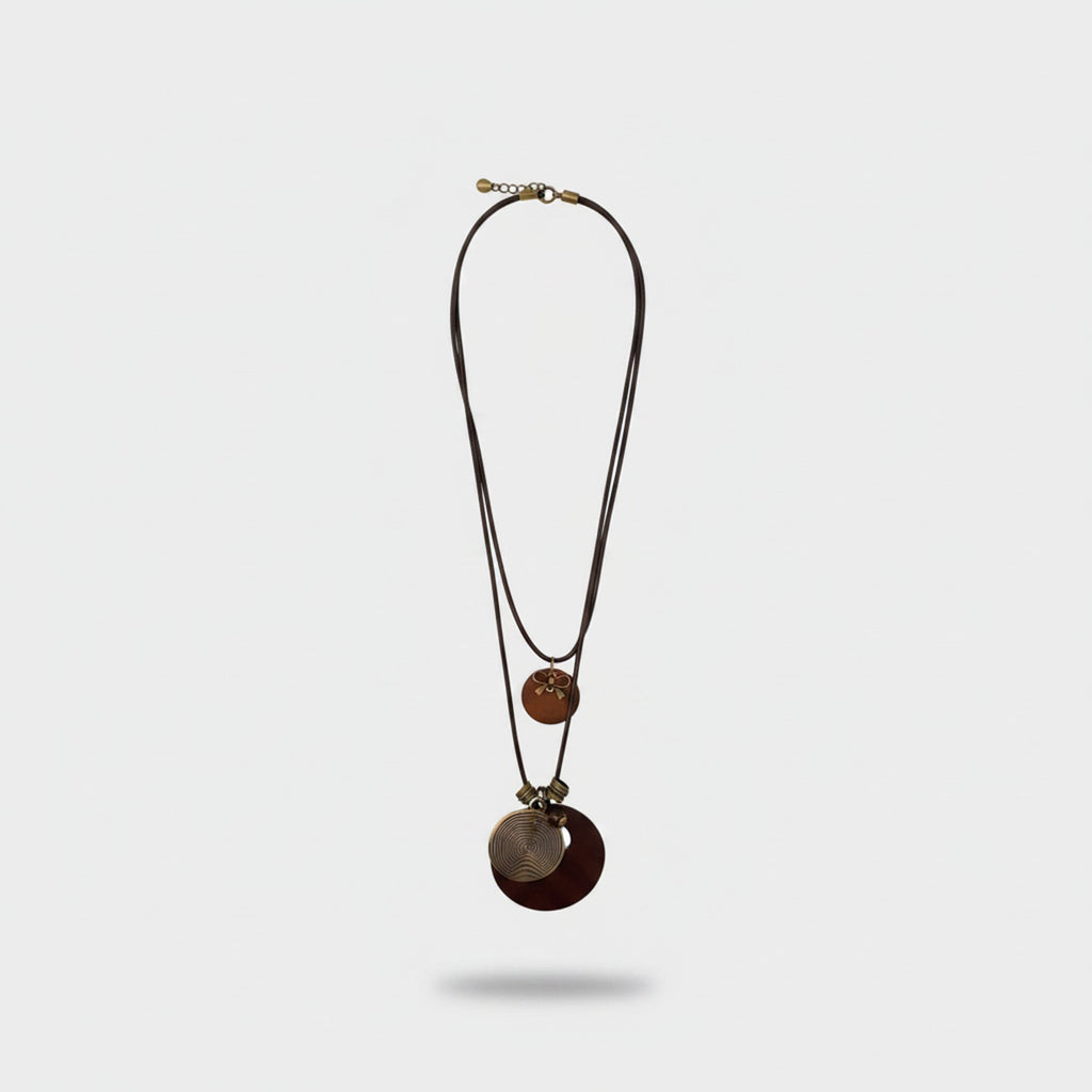 Brown Leather Double Pendant Charm Necklace