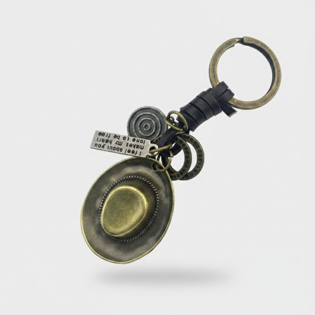 Vintage Brass Oval Charm Keyring With Black Leather Wrap